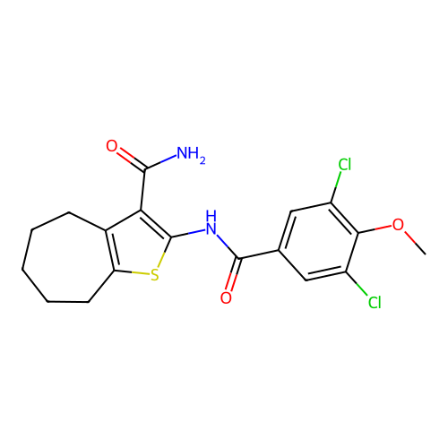2-{[(3,5-dichloro-4-methoxyphenyl)carbonyl]amino}-5,6,7,8-tetrahydro-4H-cyclohepta[b]thiophene-3-carboxamide structure