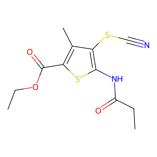 Ethyl 3-methyl-5-propionamido-4-thiocyanatothiophene-2-carboxylate structure