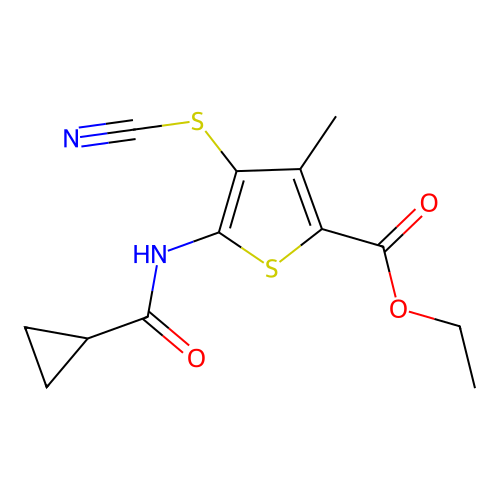 Ethyl 5-(cyclopropanecarboxamido)-3-methyl-4-thiocyanatothiophene-2-carboxylate structure