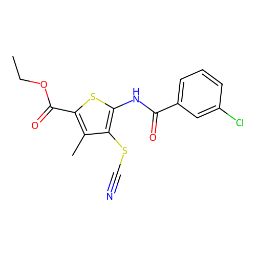 Ethyl 5-(3-chlorobenzamido)-3-methyl-4-thiocyanatothiophene-2-carboxylate structure