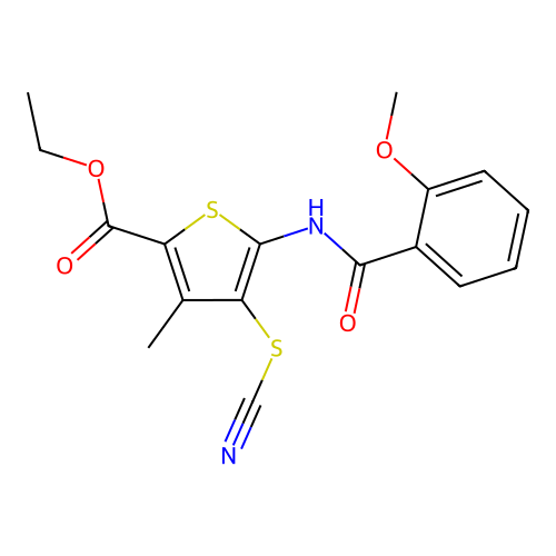 Ethyl 5-(2-methoxybenzamido)-3-methyl-4-thiocyanatothiophene-2-carboxylate structure