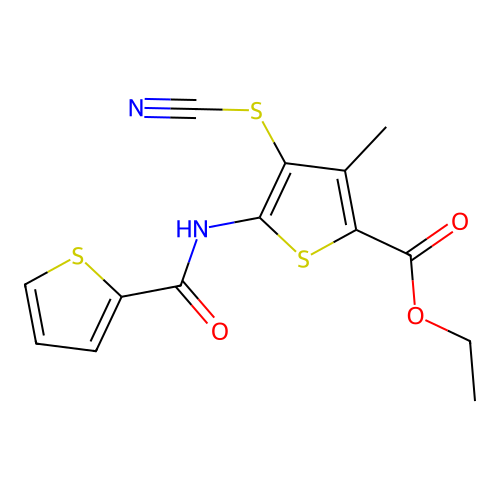Ethyl 3-methyl-4-thiocyanato-5-(thiophene-2-carboxamido)thiophene-2-carboxylate structure
