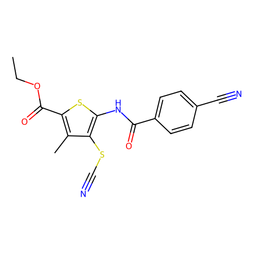 Ethyl 5-(4-cyanobenzamido)-3-methyl-4-thiocyanatothiophene-2-carboxylate structure