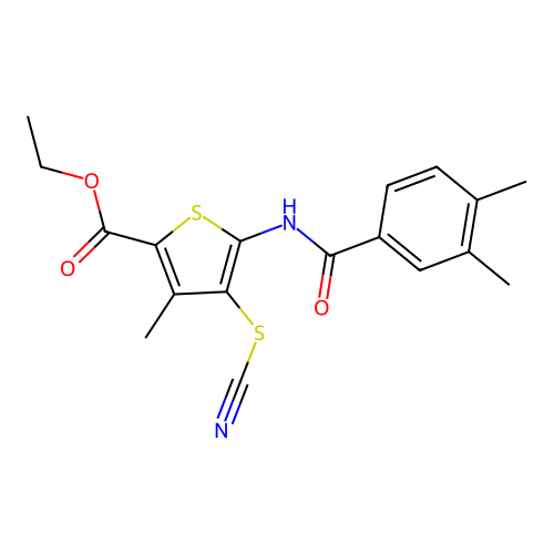 Ethyl 5-(3,4-dimethylbenzamido)-3-methyl-4-thiocyanatothiophene-2-carboxylate structure