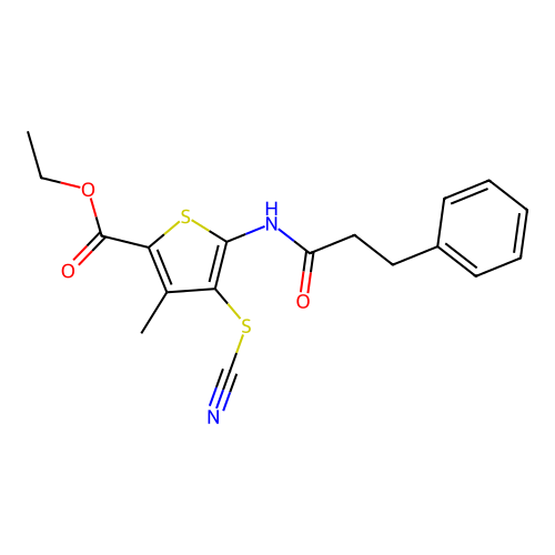 Ethyl 3-methyl-5-(3-phenylpropanamido)-4-thiocyanatothiophene-2-carboxylate structure
