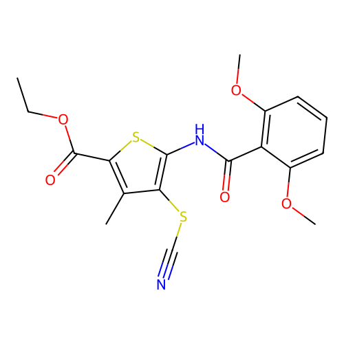 Ethyl 5-(2,6-dimethoxybenzamido)-3-methyl-4-thiocyanatothiophene-2-carboxylate structure