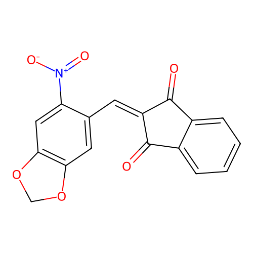 2-[(6-nitro-2H-1,3-benzodioxol-5-yl)methylidene]-2,3-dihydro-1H-indene-1,3-dione structure