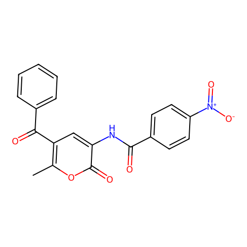 N-(5-benzoyl-6-methyl-2-oxo-2H-pyran-3-yl)-4-nitrobenzenecarboxamide structure