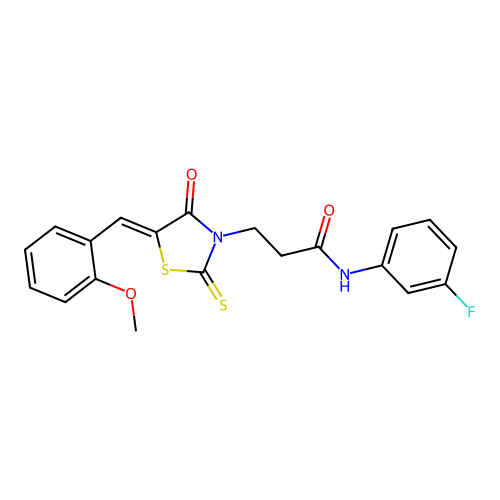 N-(3-fluorophenyl)-3-[(5Z)-5-[(2-methoxyphenyl)methylidene]-4-oxo-2-sulfanylidene-1,3-thiazolidin-3-yl]propanamide structure