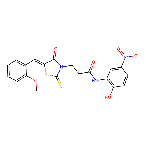 N-(2-hydroxy-5-nitrophenyl)-3-[(5Z)-5-[(2-methoxyphenyl)methylidene]-4-oxo-2-sulfanylidene-1,3-thiazolidin-3-yl]propanamide structure