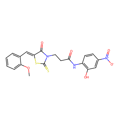 N-(2-hydroxy-4-nitrophenyl)-3-[(5Z)-5-[(2-methoxyphenyl)methylidene]-4-oxo-2-sulfanylidene-1,3-thiazolidin-3-yl]propanamide structure