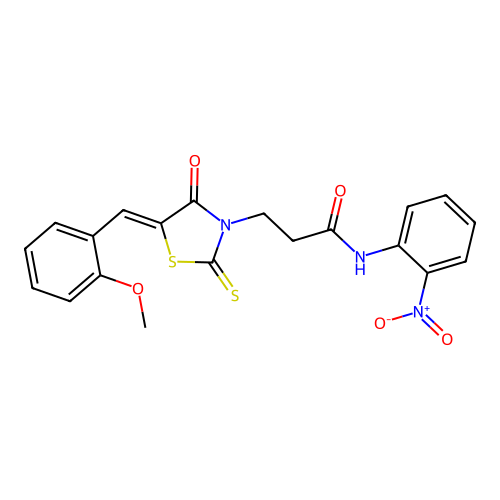 3-[(5Z)-5-[(2-methoxyphenyl)methylidene]-4-oxo-2-sulfanylidene-1,3-thiazolidin-3-yl]-N-(2-nitrophenyl)propanamide structure