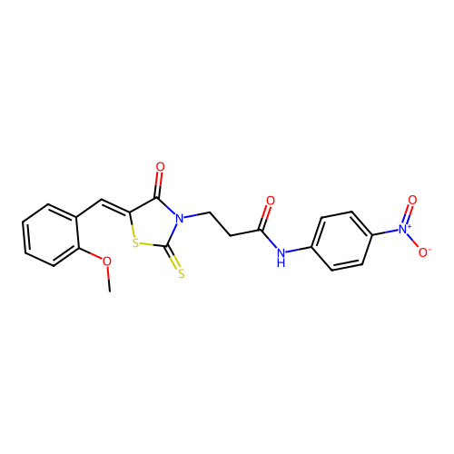 3-[(5Z)-5-[(2-methoxyphenyl)methylidene]-4-oxo-2-sulfanylidene-1,3-thiazolidin-3-yl]-N-(4-nitrophenyl)propanamide structure