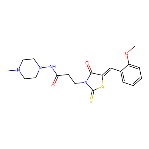 3-[(5Z)-5-[(2-methoxyphenyl)methylidene]-4-oxo-2-sulfanylidene-1,3-thiazolidin-3-yl]-N-(4-methylpiperazin-1-yl)propanamide structure