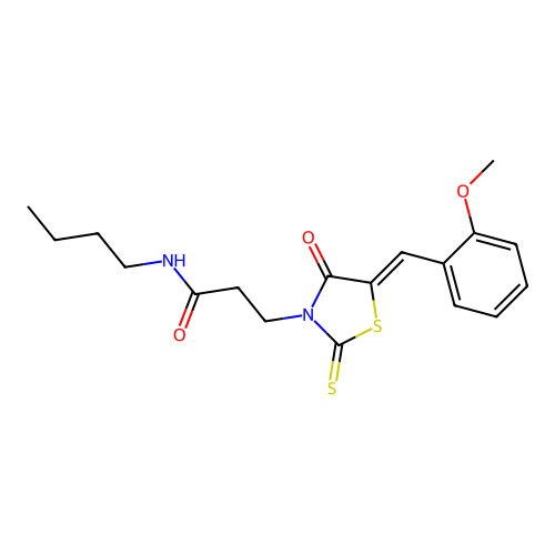N-butyl-3-[(5Z)-5-[(2-methoxyphenyl)methylidene]-4-oxo-2-sulfanylidene-1,3-thiazolidin-3-yl]propanamide structure