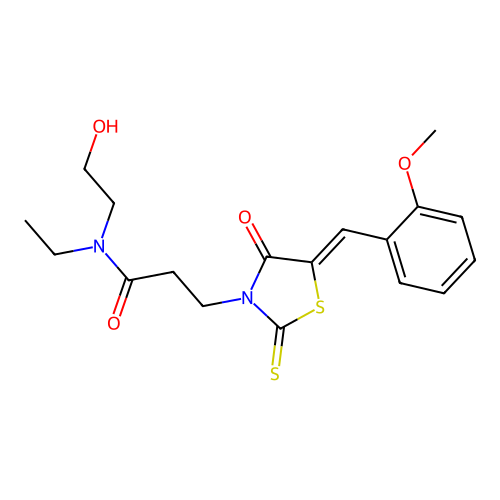 N-ethyl-N-(2-hydroxyethyl)-3-[(5Z)-5-[(2-methoxyphenyl)methylidene]-4-oxo-2-sulfanylidene-1,3-thiazolidin-3-yl]propanamide structure