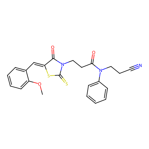 N-(2-cyanoethyl)-3-[(5Z)-5-[(2-methoxyphenyl)methylidene]-4-oxo-2-sulfanylidene-1,3-thiazolidin-3-yl]-N-phenylpropanamide structure