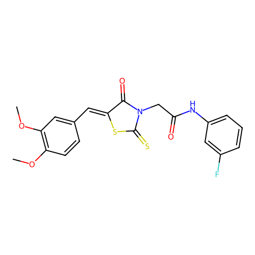 2-[(5Z)-5-[(3,4-dimethoxyphenyl)methylidene]-4-oxo-2-sulfanylidene-1,3-thiazolidin-3-yl]-N-(3-fluorophenyl)acetamide structure