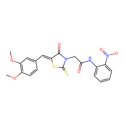 2-[(5Z)-5-[(3,4-dimethoxyphenyl)methylidene]-4-oxo-2-sulfanylidene-1,3-thiazolidin-3-yl]-N-(2-nitrophenyl)acetamide structure