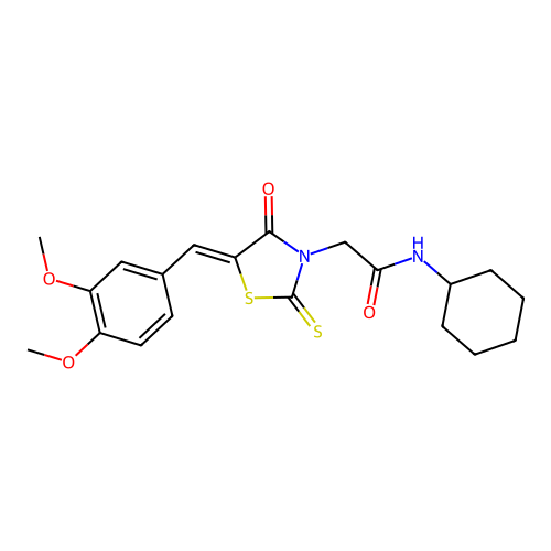 N-cyclohexyl-2-[(5Z)-5-[(3,4-dimethoxyphenyl)methylidene]-4-oxo-2-sulfanylidene-1,3-thiazolidin-3-yl]acetamide structure