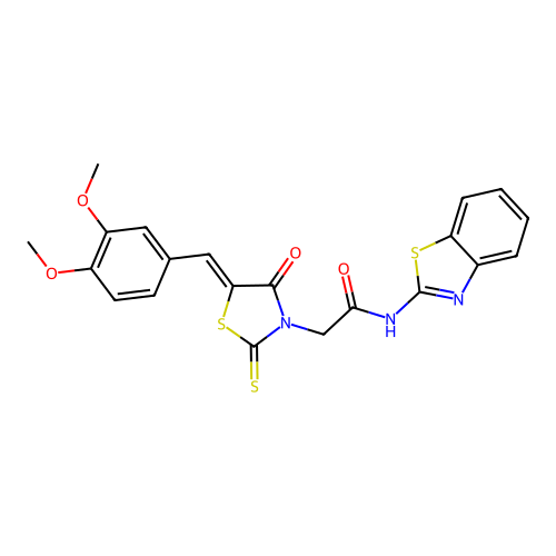 N-(1,3-benzothiazol-2-yl)-2-[(5Z)-5-[(3,4-dimethoxyphenyl)methylidene]-4-oxo-2-sulfanylidene-1,3-thiazolidin-3-yl]acetamide structure