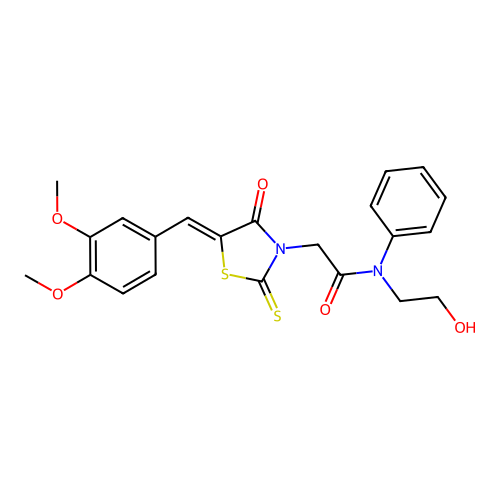 2-[(5Z)-5-[(3,4-dimethoxyphenyl)methylidene]-4-oxo-2-sulfanylidene-1,3-thiazolidin-3-yl]-N-(2-hydroxyethyl)-N-phenylacetamide structure