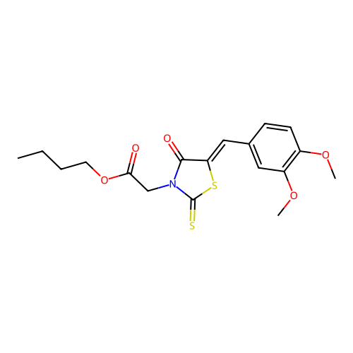 butyl 2-[(5Z)-5-[(3,4-dimethoxyphenyl)methylidene]-4-oxo-2-sulfanylidene-1,3-thiazolidin-3-yl]acetate structure