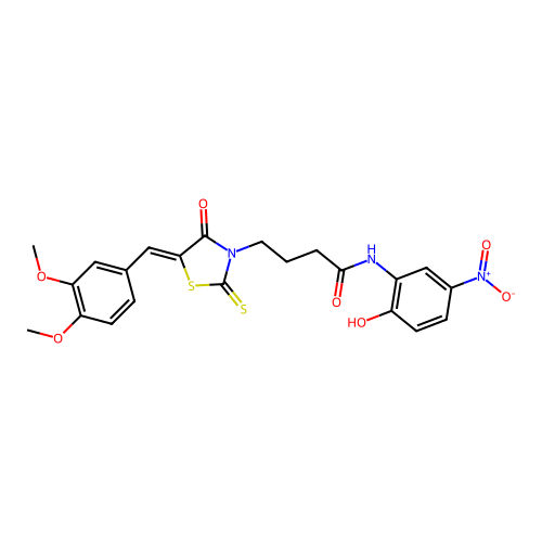 4-[(5Z)-5-[(3,4-dimethoxyphenyl)methylidene]-4-oxo-2-sulfanylidene-1,3-thiazolidin-3-yl]-N-(2-hydroxy-5-nitrophenyl)butanamide structure