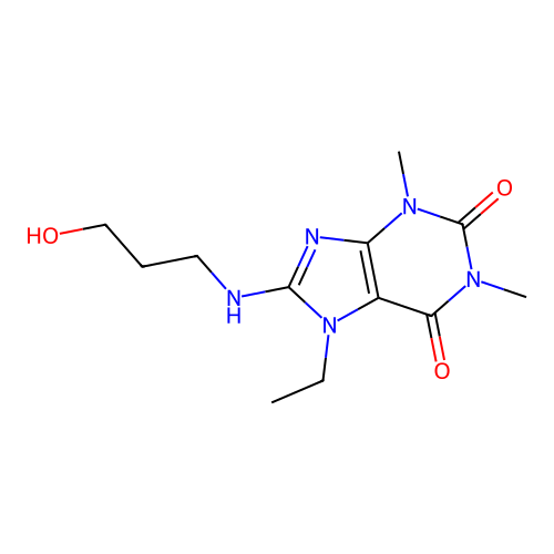 7-ethyl-8-[(3-hydroxypropyl)amino]-1,3-dimethyl-3,7-dihydro-1H-purine-2,6-dione structure