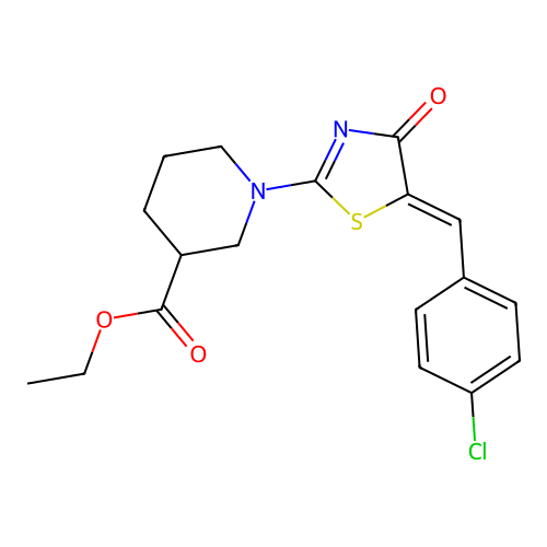 ethyl 1-{5-[(4-chlorophenyl)methylene]-4-oxo-1,3-thiazolin-2-yl}piperidine-3-c arboxylate structure