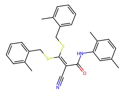 2-cyano-N-(2,5-dimethylphenyl)-3,3-bis[(2-methylphenyl)methylsulfanyl]prop-2-enamide structure