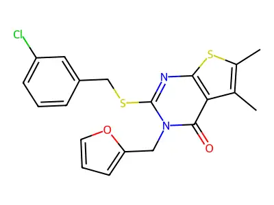 2-[(3-chlorobenzyl)sulfanyl]-3-(furan-2-ylmethyl)-5,6-dimethylthieno[2,3-d]pyrimidin-4(3H)-one structure