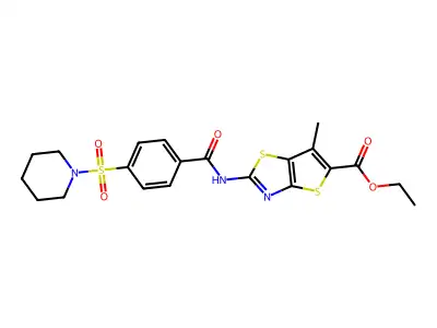ethyl 6-methyl-2-(4-(piperidin-1-ylsulfonyl)benzamido)thieno[2,3-d]thiazole-5-carboxylate structure