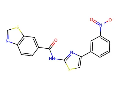 N-[4-(3-nitrophenyl)-1,3-thiazol-2-yl]-1,3-benzothiazole-6-carboxamide structure