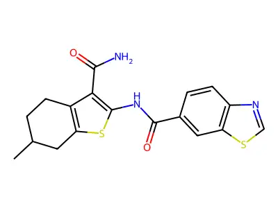 N-(3-carbamoyl-6-methyl-4,5,6,7-tetrahydro-1-benzothiophen-2-yl)-1,3-benzothiazole-6-carboxamide structure