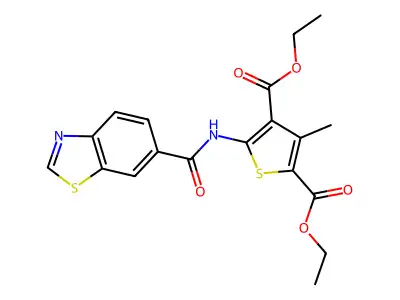 Diethyl 5-(benzo[d]thiazole-6-carboxamido)-3-methylthiophene-2,4-dicarboxylate structure