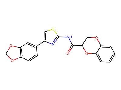 N-[4-(1,3-benzodioxol-5-yl)-1,3-thiazol-2-yl]-2,3-dihydro-1,4-benzodioxine-3-carboxamide structure