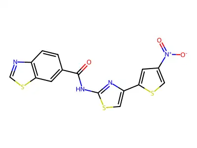 N-[4-(4-nitrothiophen-2-yl)-1,3-thiazol-2-yl]-1,3-benzothiazole-6-carboxamide structure