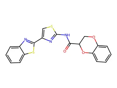 N-[4-(1,3-benzothiazol-2-yl)-1,3-thiazol-2-yl]-2,3-dihydro-1,4-benzodioxine-2-carboxamide structure