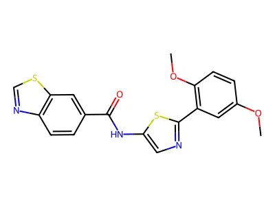 N-[2-(2,5-dimethoxyphenyl)-1,3-thiazol-5-yl]-1,3-benzothiazole-6-carboxamide structure