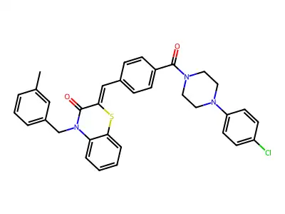 2-[[4-[4-(4-chlorophenyl)piperazine-1-carbonyl]phenyl]methylidene]-4-[(3-methylphenyl)methyl]-1,4-benzothiazin-3-one structure