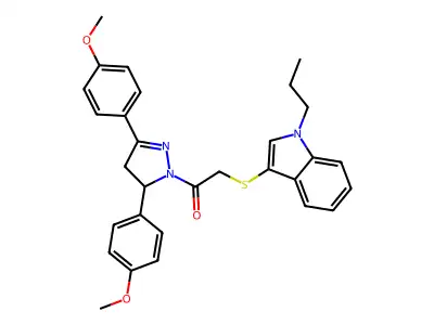 1-(3,5-bis(4-methoxyphenyl)-4,5-dihydro-1H-pyrazol-1-yl)-2-((1-propyl-1H-indol-3-yl)thio)ethanone structure