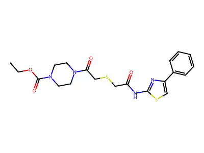 ethyl 4-(2-((2-oxo-2-((4-phenylthiazol-2-yl)amino)ethyl)thio)acetyl)piperazine-1-carboxylate structure
