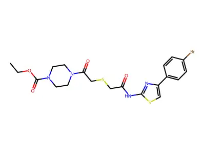 ethyl 4-(2-((2-((4-(4-bromophenyl)thiazol-2-yl)amino)-2-oxoethyl)thio)acetyl)piperazine-1-carboxylate structure