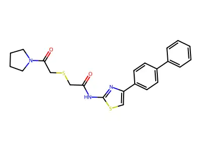 N-(4-([1,1'-biphenyl]-4-yl)thiazol-2-yl)-2-((2-oxo-2-(pyrrolidin-1-yl)ethyl)thio)acetamide structure