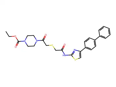 ethyl 4-[2-({[(4-{[1,1'-biphenyl]-4-yl}-1,3-thiazol-2-yl)carbamoyl]methyl}sulfanyl)acetyl]piperazine-1-carboxylate structure