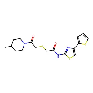 2-[2-(4-methylpiperidin-1-yl)-2-oxoethyl]sulfanyl-N-(4-thiophen-2-yl-1,3-thiazol-2-yl)acetamide structure