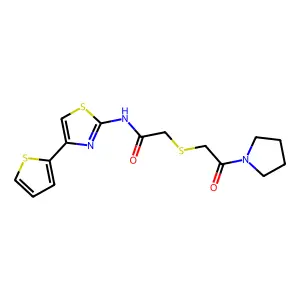 2-((2-oxo-2-(pyrrolidin-1-yl)ethyl)thio)-N-(4-(thiophen-2-yl)thiazol-2-yl)acetamide structure