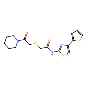 2-(2-oxo-2-piperidin-1-ylethyl)sulfanyl-N-(4-thiophen-2-yl-1,3-thiazol-2-yl)acetamide structure