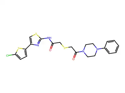 N-[4-(5-chlorothiophen-2-yl)-1,3-thiazol-2-yl]-2-[2-oxo-2-(4-phenylpiperazin-1-yl)ethyl]sulfanylacetamide structure